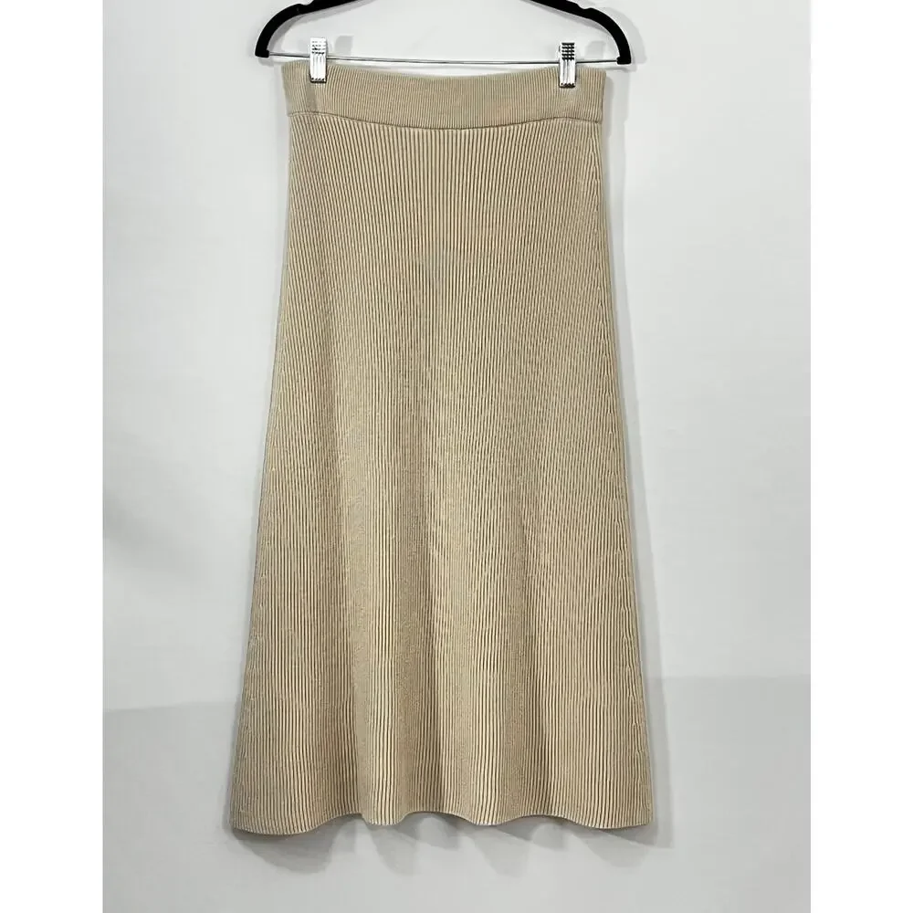 SEZANE M Medium Naelle Skirt Ribbed Beige Natural Midi Length Merino Cotton NWT - Picture 6 of 10